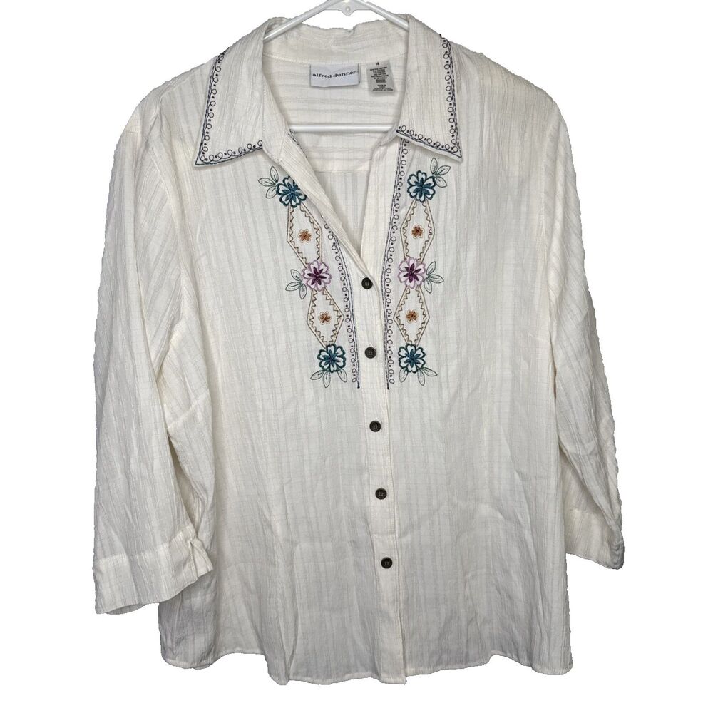 Alfred Dunner Womens Plus Size 18 Cream Crinkle Rayon Embroidered Blouse Top 3/4